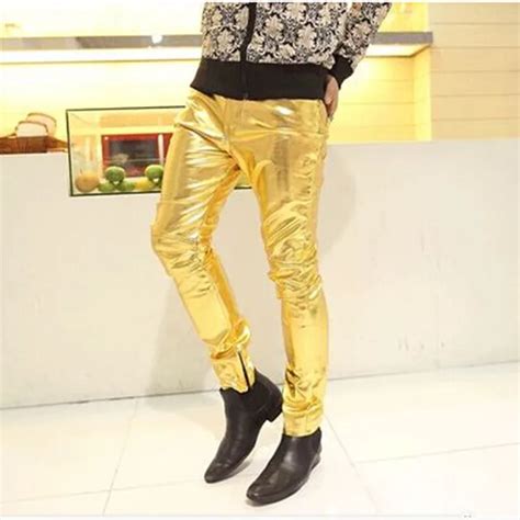 Mens Skinny Faux Pu Leather Pants Shiny Silver Black And Gold Pants