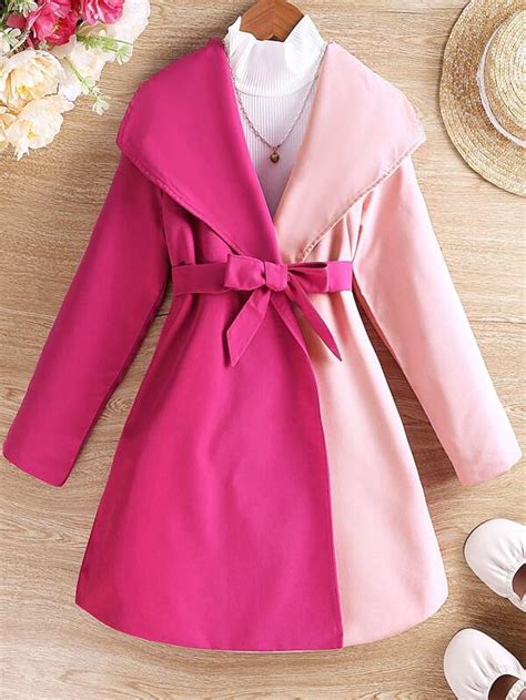 Tween Girl Two Tone Waterfall Collar Belted Trench Coat Without Sweater