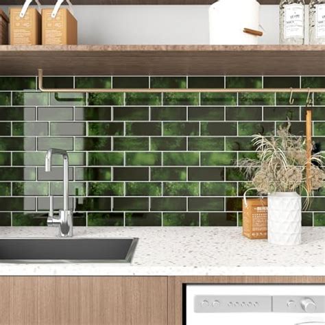 Wallercity 10 Sheets Vinyl Marble Green Peel And Stick Backsplash Tiles 3d Self