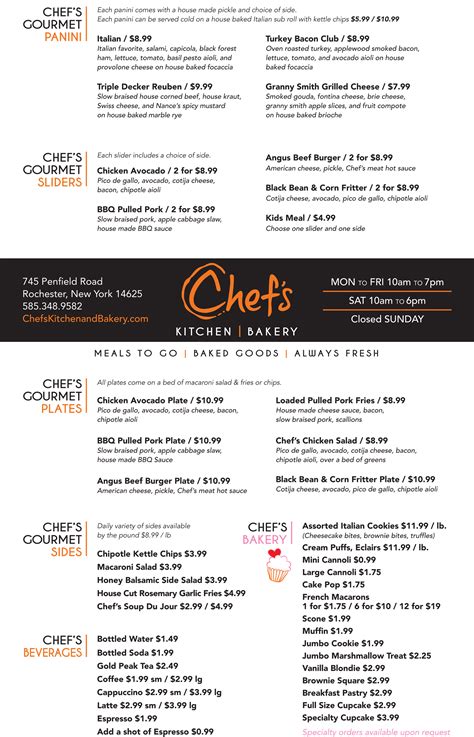 Menu | Chef's Kitchen and Bakery