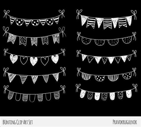 A Set Of Hand Drawn Buntings And Flags On A Black Background With White Ink