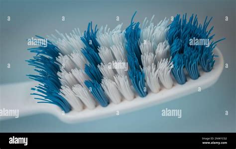 Macro Close Up Photo Of A Worn White And Blue Toothbrush Bristles