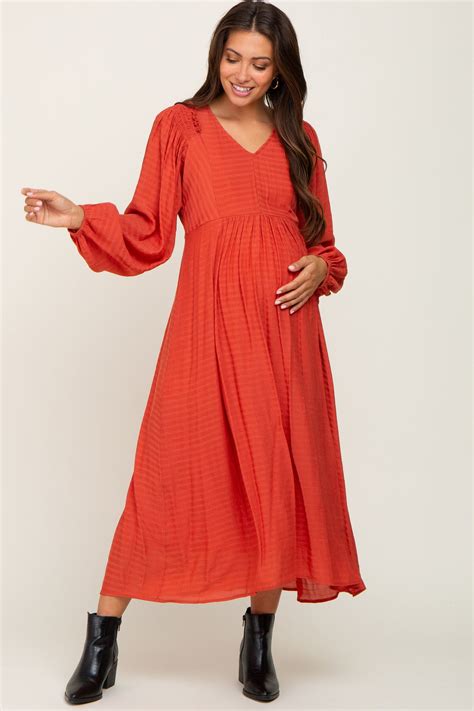 Rust V Neck Smocked Accent Maternity Maxi Dress Pinkblush