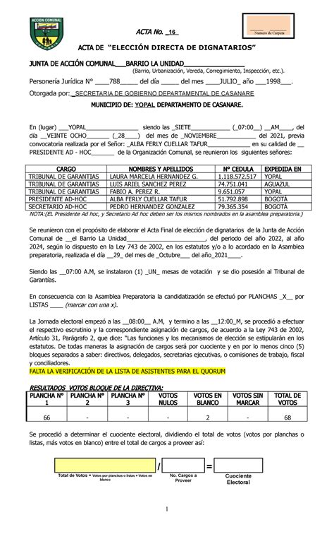 Jac Acta Eleccion Directa Acta No Acta De Elecci N Directa De