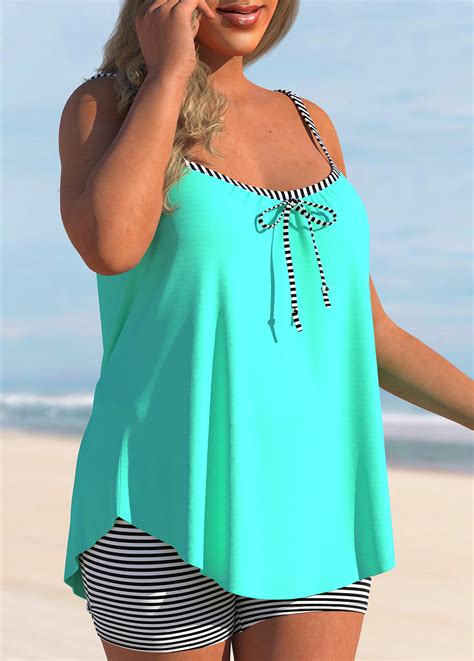 Cyan Plus Size Bowknot Striped Tankini Set Rosewe Usd