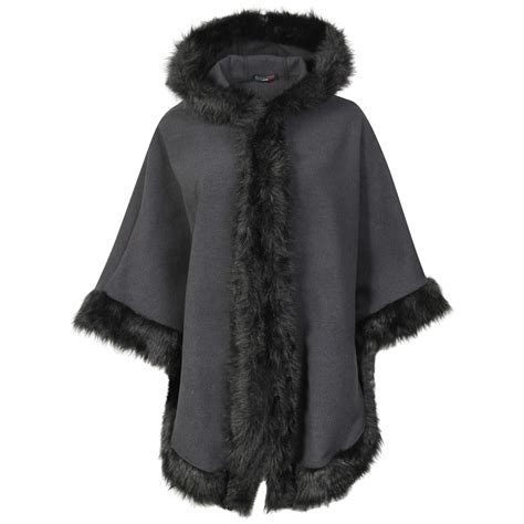 Ladies Faux Fur Hooded Poncho Cape Winter Warm Trim Hooded Celeb Coat 8 16