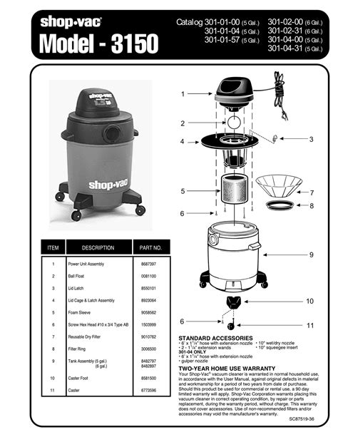 Shop Vac Parts List For 3150 Models 5 And 6 Gallon Vacs Shop Vac Store