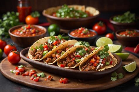 Tacos Mexicanos Con Carne De Res En Salsa De Tomate Y Salsa Foto Premium