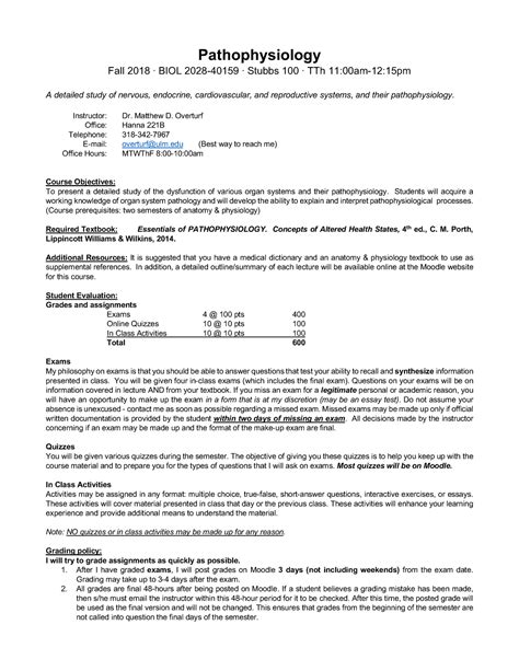 Patho Syllabus Pathophysiology Fall 2018 ∙ Biol 2028 40159 ∙ Stubbs 100 ∙ Tth 110 0am 1 21