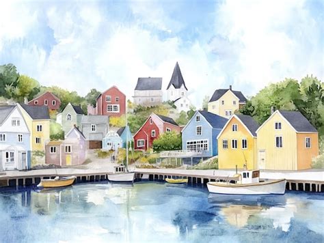 A Serene Waterfront Scene Featuring Colorful Houses And Boats Premium