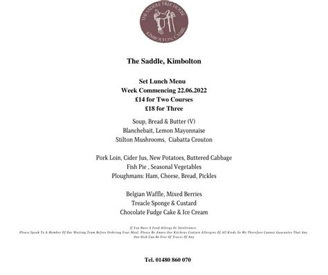 Menu At The Saddle Pub And Bar Kimbolton 26 High St