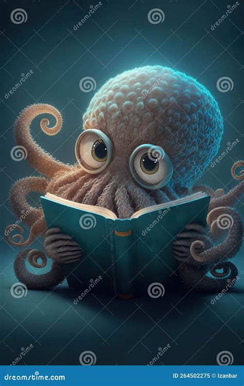 Cute Octopus Reading Book Adorable Smart Sea Creature Character