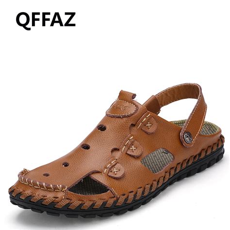 Qffaz New Summer Breathable Man Sandal Leather Genuine Comfortable Men Shoes Fashion Beach Flat