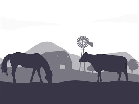 Ilustra O Plana De Cavalo E Vaca Em Ilustra O Vetorial De Silhueta