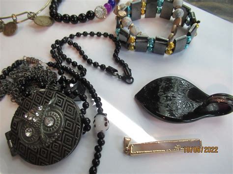 Vintage Modern Black Metal Stone Lucite Locket Glass Gem