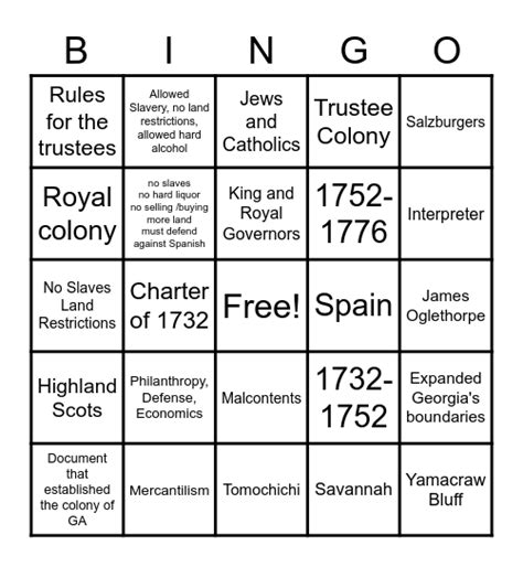 Colonial Georgia Bingo Card