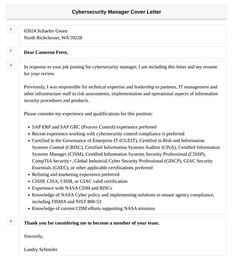 Cybersecurity Manager Cover Letter Velvet Jobs