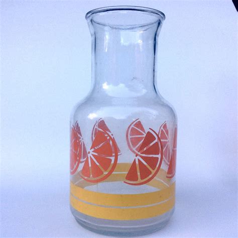 Vintage Orange Juice Carafe Yellow Stripes In Clear Glass With Graphic Orange Slices Around