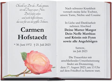 Traueranzeigen Von Carmen Hofstaedt Trauer Nordkurier