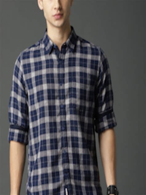 Buy Roadster Men Grey Navy Blue Regular Fit Checked Casual Shirt