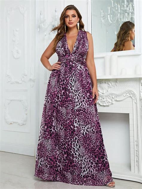 Fniseti Plus Leopard Print Plunging Neck Maxi Dress Shein Usa