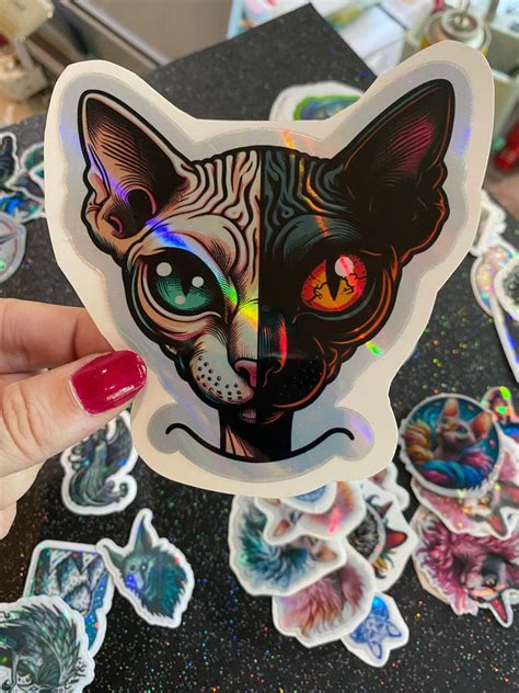 Creepy Cute Sphynx Cat Stickers Holographic Horror Kittens Original Art Naked Cat Art Hairless