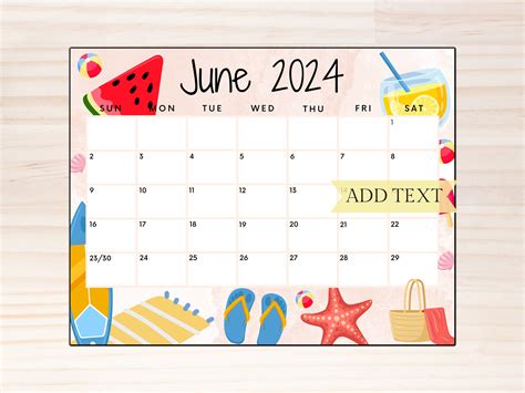 EDITABLE June 2024 Calendar, Printable Calendar, Summer Calendar W ...