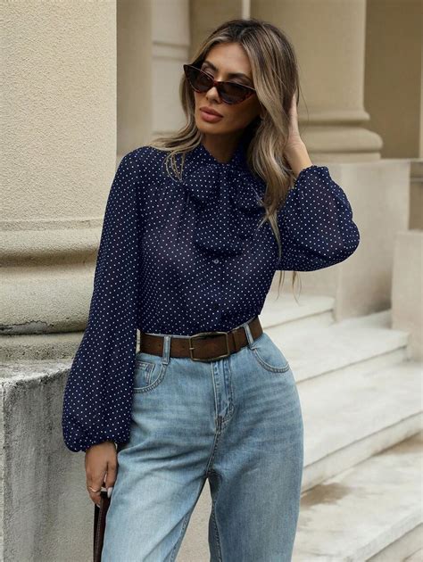 Shein Modichic Classic Retro Polka Dot Tie Front Semi Sheer Blouse