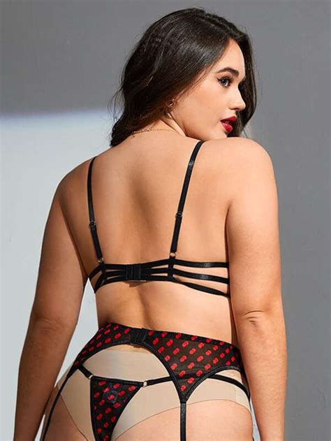 Plus Bow Detail Mesh Underwire Lingerie Set With Stockings SHEIN USA