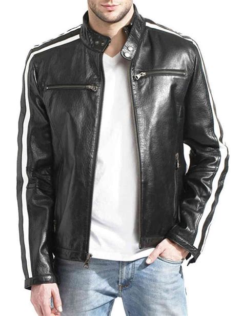 Mens Biker Striped Leather Jacket - Ujackets