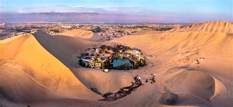 Aerial Sunset View of the Huacachina Oasis in Peru Stock Image - Image ...