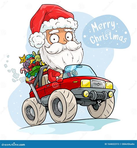 Cartoon Funny Cute Santa Claus Driving A Car Stock Vector