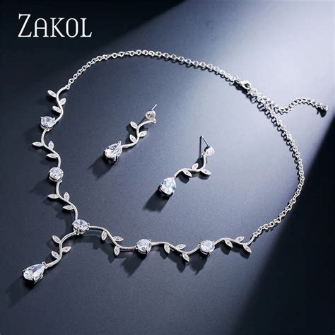 Zakol Classic Cubic Zirconia Crystal Bridal Jewelry Sets Elegant Leaf