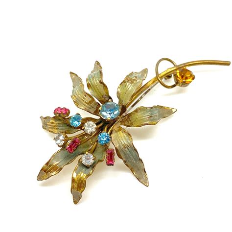 Striking Classic 1950s Enamel And Crystal Flower Brooch Etsy