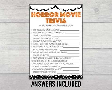 Horror Movie Trivia Printable Game, Halloween Game Printable, Digital ...