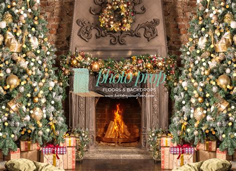 Rustic Fireplace Christmas Photography Backdrop Holiday Tree Mantle