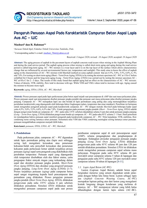 Pdf Pengaruh Penuaan Aspal Pada Karakteristik Campuran Beton Aspal
