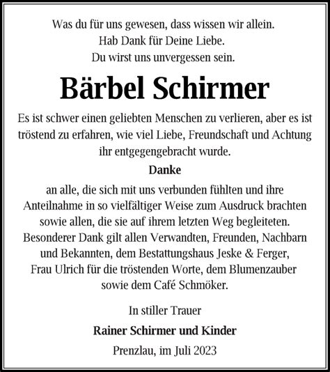 Traueranzeigen von Bärbel Schirmer Trauer Nordkurier