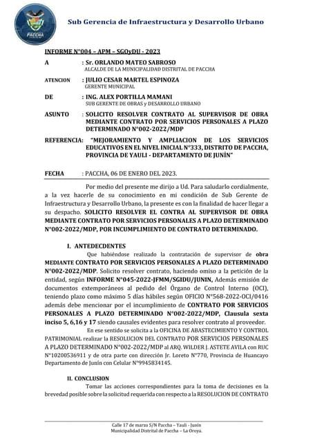 Informe N° 004 2023 Solicitud Para Resolver Contrato Docx