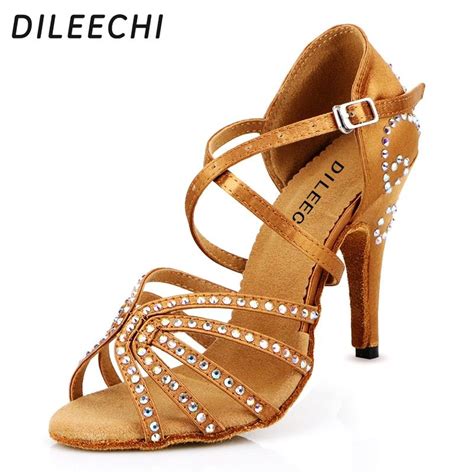 Dileechi Female Bronze Red Satin Latin Dance Shoes Women S Rhinestones