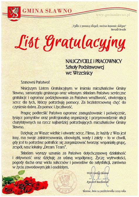 List gratulacyjny Szkoła Podstawowa we Wrześnicy