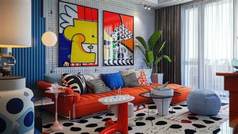 Colorful Pop Art-inspired Interior Design. Vivid Living Room with Art Pieces Stock Illustration ...