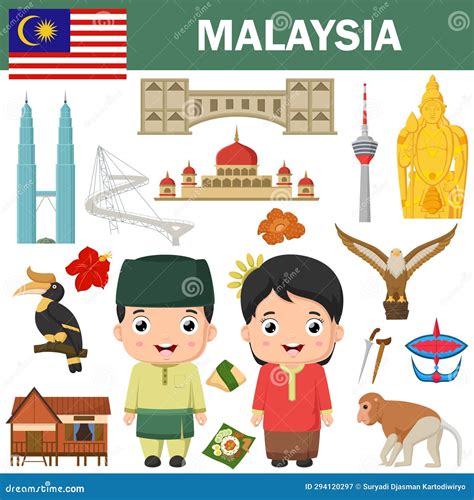 Malaysia Famous Landmarks Travel Flat Concept Vector Illustration Stock