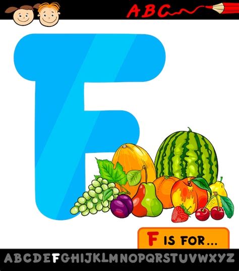 Letra f con ilustración de dibujos animados de frutas Vector Premium