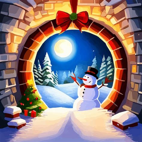 Premium Vector | Happy snowman is standing in the door merry christmas ...