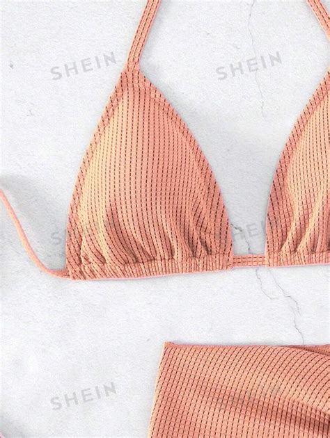 SHEIN Swim Plain Halter Triangle Bikini Set With Beach Skirt SHEIN EUR