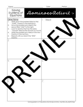 Systems Of Equations Dominoes Activity Elimination Method By Acute