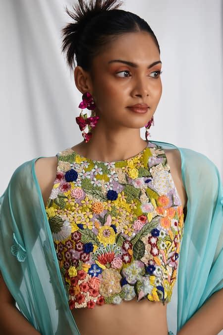 Buy Blue Organza Hand Embroidered Thread High Botanical Floral Blouse