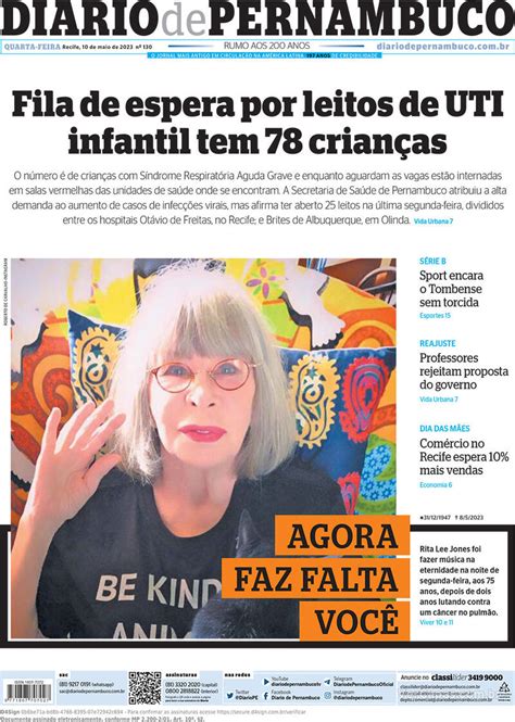 Capa Diario De Pernambuco Edi O Quarta De Maio De