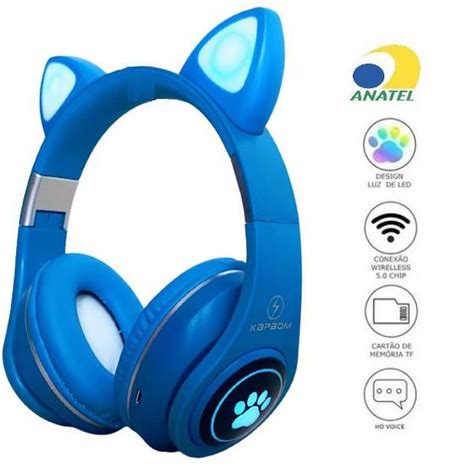 Fone De Ouvido Bluetooth Azul Over Ear Sem Fio Orelha Gato Kapbom